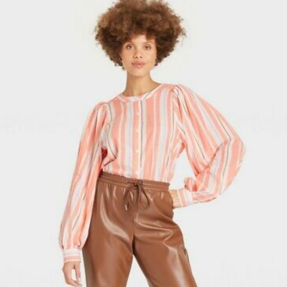 A New Day Tangerine/White Striped Balloon Sleeve Button-up Shirt Size S